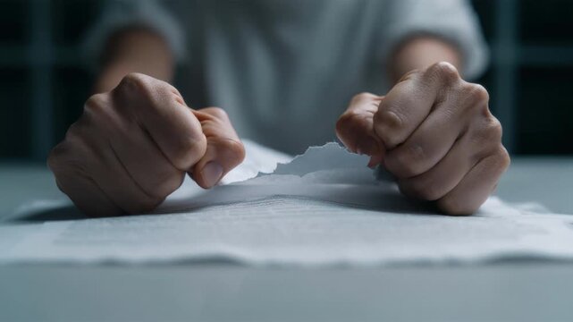 Close-up of two clenched fists pressing down on crumpled white paper on table expressing stress frustration or determination in dim light