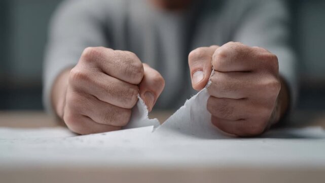 Close-up of person tearing paper with both hands in frustration on wooden table with blurred background in indoor setting