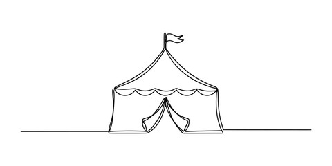 Continuous single line drawing of a circus tent with a flag on top © Badhon_Art Gallery