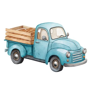 Watercolor illustration of a cute blue vintage pickup truck with wooden boards in cargo bed isolated on a white background.
