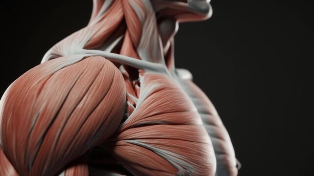 3D medical animation of male muscle structure pose and torso anatomy
