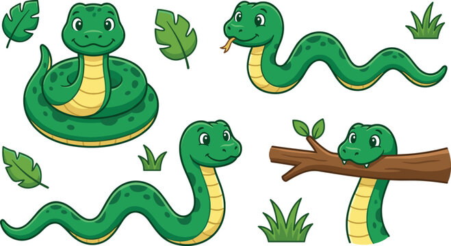 Cute Cartoon Green Snake Character Set with Different Poses Leaves and Tree Branch Vector Elements for Kids Educational Projects and Jungle Designs