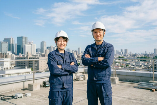 青空と都市を背景に立つヘルメットを着用した若手日本人男性・女性の建設現場スタッフ｜建設業・技術職の人材採用のイメージ