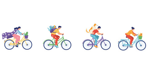 Fototapeta premium Whimsical people cycling with pets, cheerful outdoor activity, playful bicycle ride artwork, colorful companionship illustration, joyful lifestyle concept, flat vector illustration