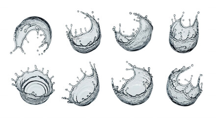 Naklejka premium eight artistic water splashes against a plain white background beverage beauty or health product promotion