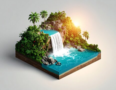 Lush tropical waterfall island with bright sunlight