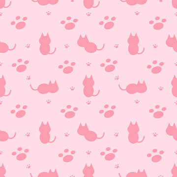 Cute Pink Pastel Cat Paw Seamless Pattern Vector