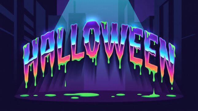 Vibrant Halloween Neon Text with Dripping Green Slime and City Skyline Backdrop