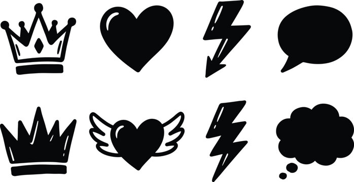 Hand-drawn doodle icon set featuring crown heart lightning bolt and speech bubble silhouettes for graphic design.