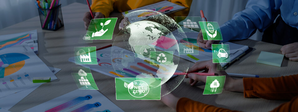 A vibrant workspace showing hands collaborating on eco-friendly initiatives, featuring earth representation and symbols for sustainability and climate action strategies. Trope