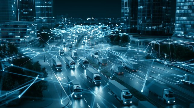 Smart fleet tracking across a modern city at night, dozens of trucks connected by luminous blue network lines, AI traffic prediction