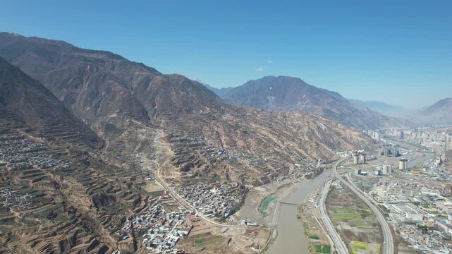 4K Aerial Drone Footage of City Scenery and Loess Landscape in Longnan, Gansu