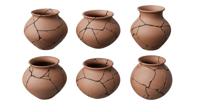 six broken ceramic pots isolated on white background interior design and art projects history