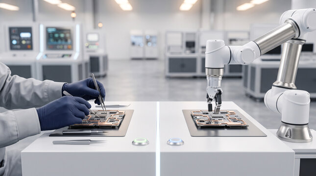 Salle Blanche Moderne avec Bras Robotiques Industriels