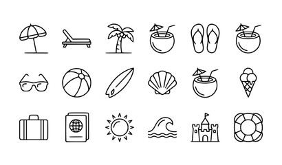 Fototapeta premium Beach Holiday Editable Stroke Icon Set 16 Vector Summer Travel Collection