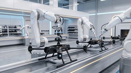 Fototapeta premium Automated robotic arms assembling high-tech drones on a modern factory production line representing industrial innovation