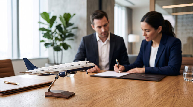 Signature d'un Contrat avec Avion Miniature sur un Bureau