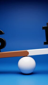 Dollar and Bitcoin symbols balancing on a seesaw.