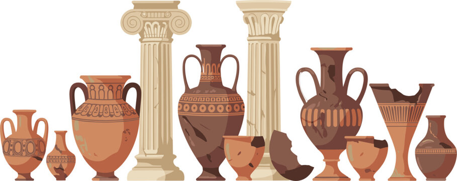 Ancient Greek amphora vases and architectural columns vector composition, antique pottery artifacts, history museum exhibition display