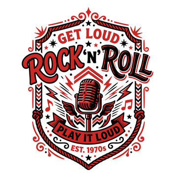 Retro rock and roll emblem with vintage microphone and text