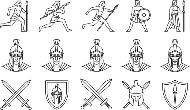 Ancient Greek spartan warrior line icons set, gladiator helmet sword and shield vector design elements