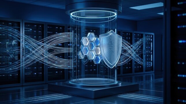 Dark blue server room with a glassy database cylinder, shield icon, encrypted data blocks, and a network of query lines, visualizing a database-first security strategy for AI workloads.