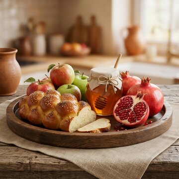 Traditional Rosh Hashanah feast with challah bread, honey, apples, and pomegranates