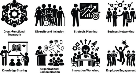Obraz premium Business Teamwork and Organizational Collaboration Silhouette Icons Set for Leadership Innovation and Employee Engagement