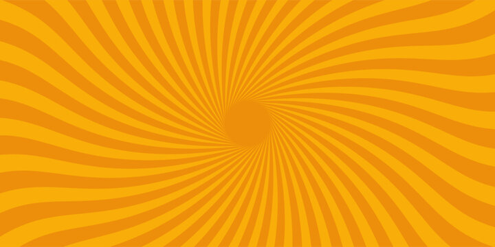 Circus background of spiral yellow orange rays vector illustration. Vintage radial pattern with sunbeams or starburst strip.