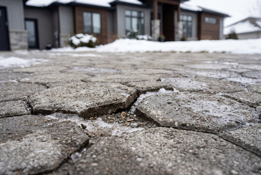 Close up of uneven interlocking stone driveway pavers with minor settlement damage in winter