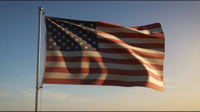 Flag in Sunset Light Waving Aligned With Pole