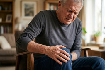 Fototapeta premium Senior man with grey hair grimacing in pain while holding his knee while sitting in a living room