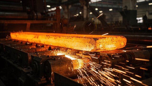 Fiery billet shines brightly while moving along the conveyor heavy sparks erupt sharply in foreground juxtaposed with blurred inactive factory elements behind.