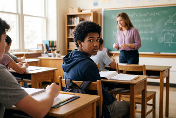 Obraz premium Young student sitting at a classroom desk looking over his shoulder