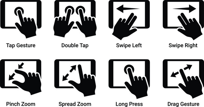 Touchscreen Gesture Silhouette Icons Set for Mobile Interface Navigation and User Interaction