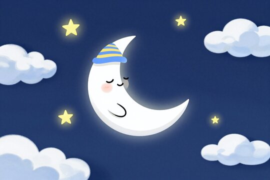 A cartoon moon with a sleeping face in the sky