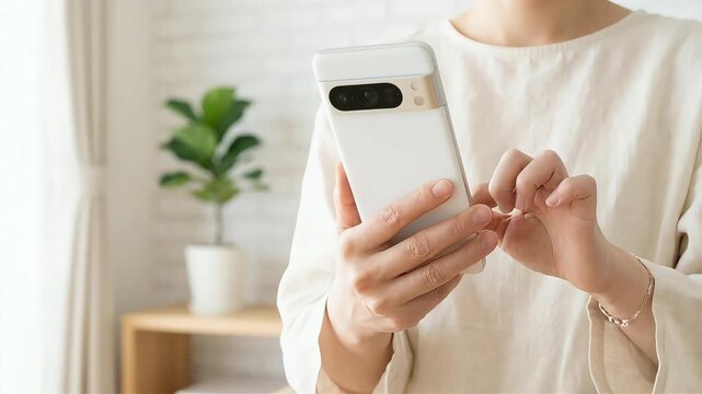 明るい部屋でスマートフォンを操作する女性の手元アップ