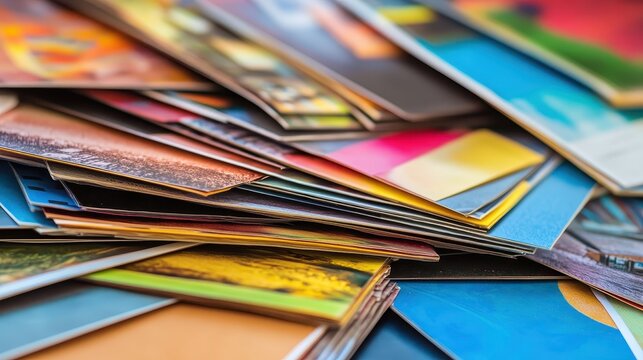 A close-up view of a stack of colorful promotional print marketing materials artfully arranged for commercial use