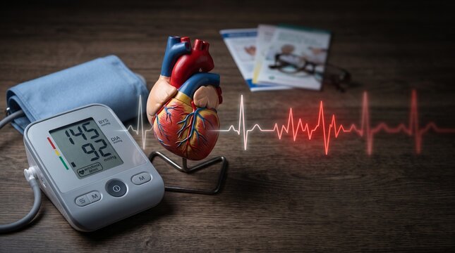 Healthcare concept showing the relationship between high blood pressure and increased risk of heart disease and stroke.