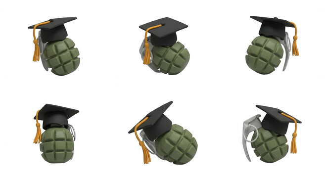 grenades wearing graduation caps arranged on a white background symbolizing education knowledge and potential for educational or conceptual projects