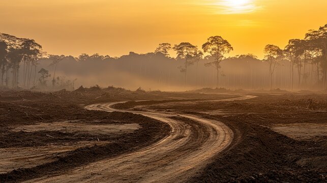 A winding dirt road through deforested land during a golden hour sunset