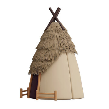 Cartoon teepee with thatched roof and wooden fence
