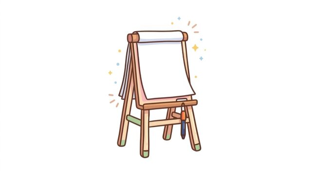 Wooden easel with blank white paper pad and pen illustration