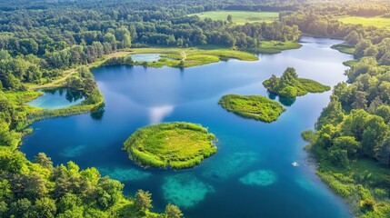 Fototapeta premium An aerial view of a pristine lake system with lush green islands and winding shores under bright sunlight, showcasing natural beauty.