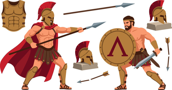 Ancient Spartan Warrior Character Vector Set with Greek Soldiers, Muscular Gladiators, Red Capes, Golden Helmets, Lambda Shields, Spears, Swords, and Broken Arrows