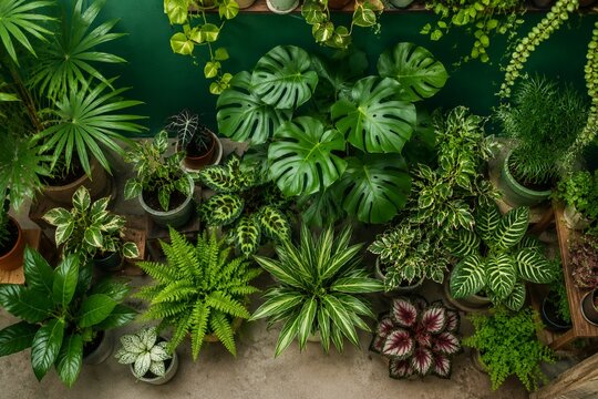 Lush indoor garden with various potted plants arranged against a vibrant green wall, viewed from above.