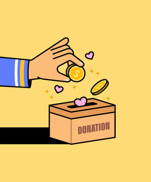 Hand dropping coins into a donation box with hearts and sparkles for charity, fundraising, nonprofit, generosity, finance, and giving concepts cartoon illustration vector