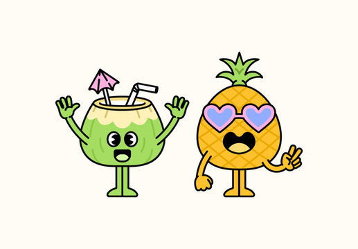 Cute tropical coconut and pineapple cartoon characters with playful expressions and a refreshing coconut drink for summer, vacation, tropical, and kawaii themed designs vector cartoon illustration