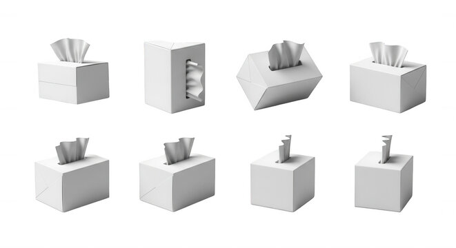 white tissue boxes arranged displaying variety of shapes uses and angled arrangements against a plain white background product presentations
