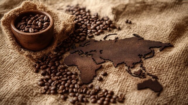 Coffee beans scattered across a world map on burlap representing global coffee trade and market growth